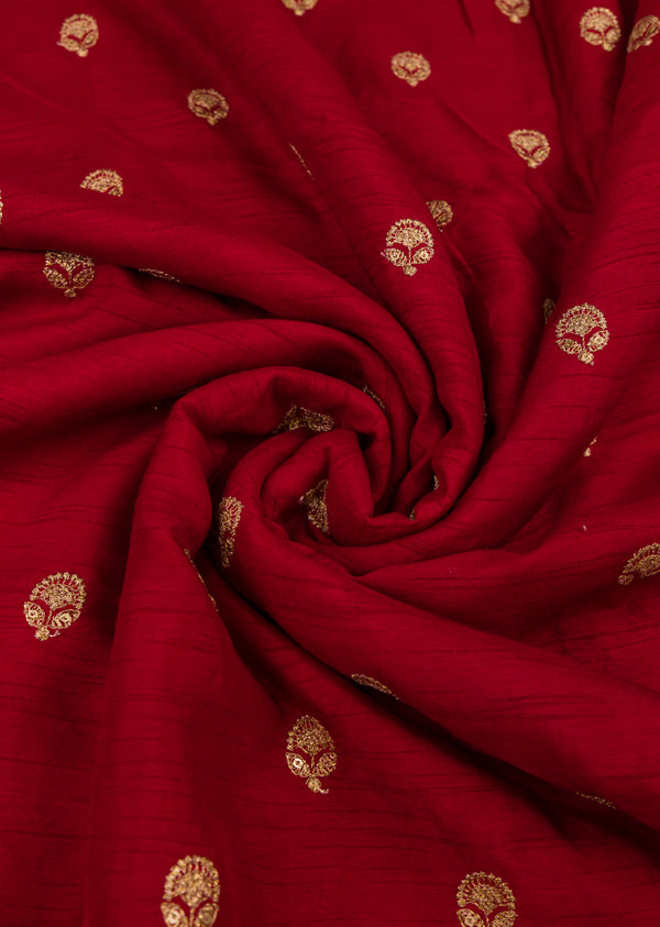 Red Bamber Silk Fabric Embroidered With Sequins & Zari Booti Work All Over