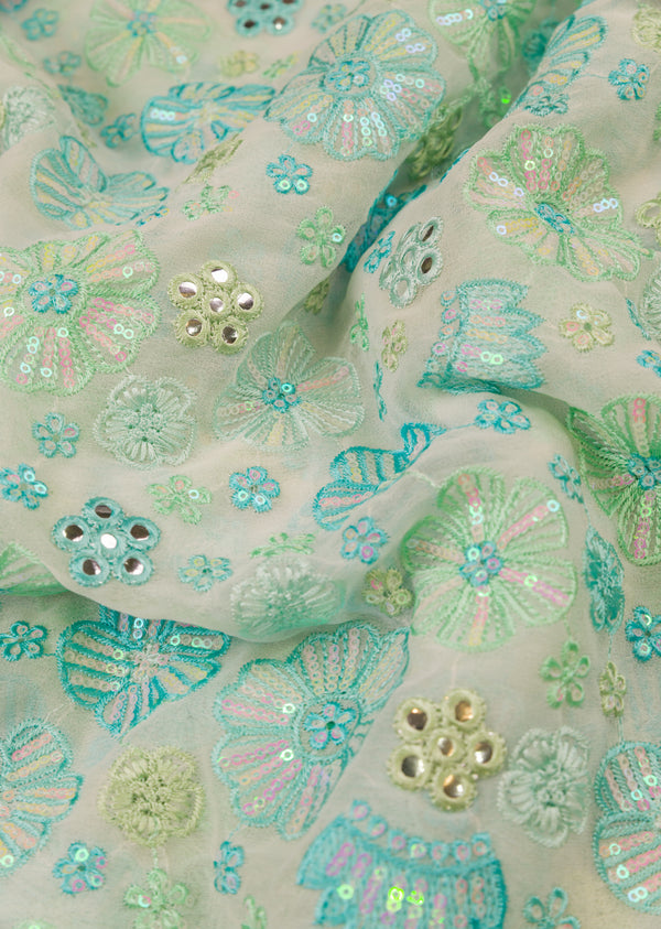 Aqua Blue  Georgette  Fabric Embroidered With Flower Pattern