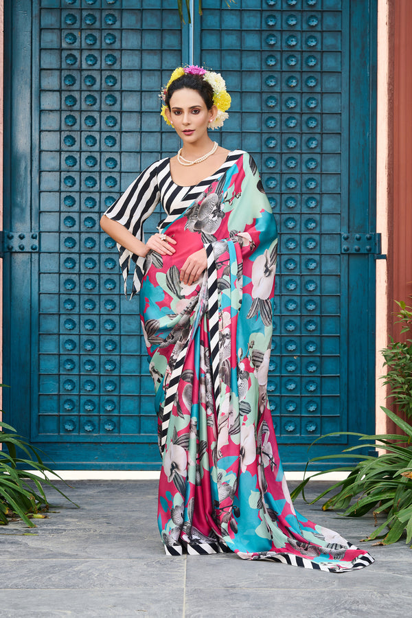 Abstract Printed Satin Georgette Saree