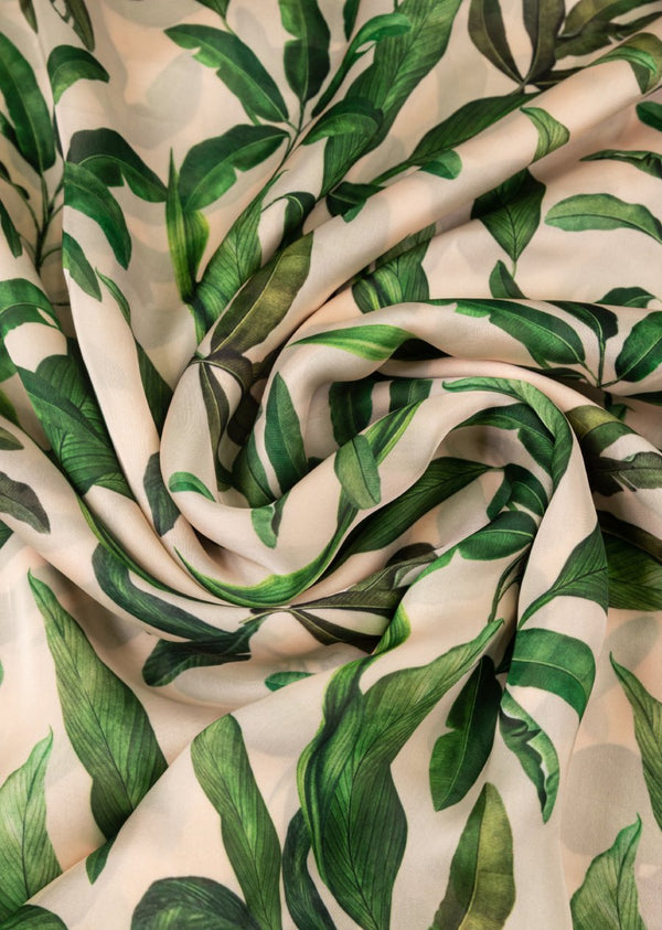 Off White Satin Georgette With Banana Leaf Prints
