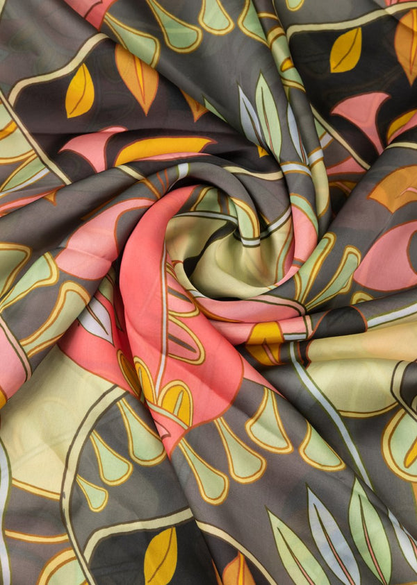 Leaves On Colourful Abstract Satin Georgette
