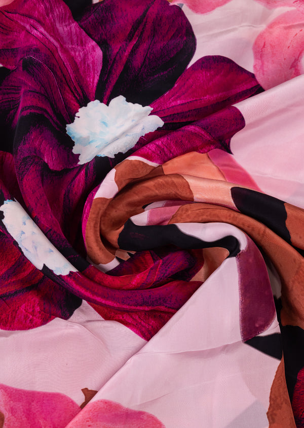 Pink Crepe Fabric With Violet  Floral Print