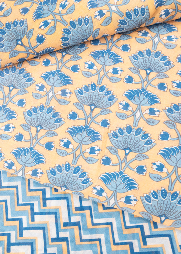 Beige & Blue Pure  Chanderi Fabric Printed