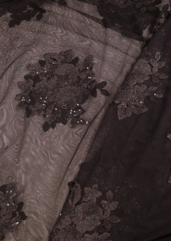 Black Imported Net  Fabric Embroidered With Flower Pattern