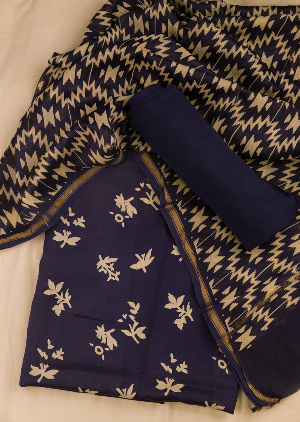 Navy Blue Chanderi Suit Set Printed