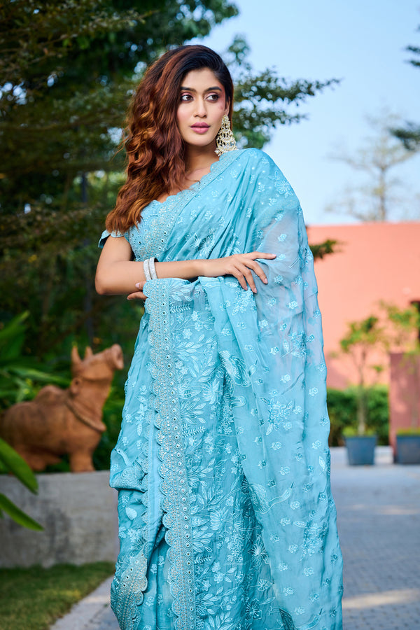 Blue Viscose Organza Saree