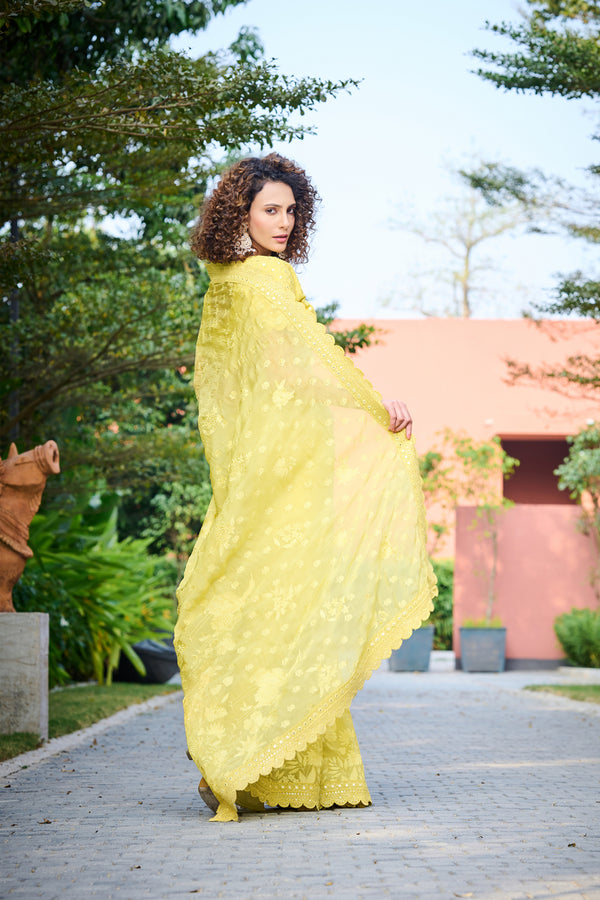 Yellow Viscose Organza Saree