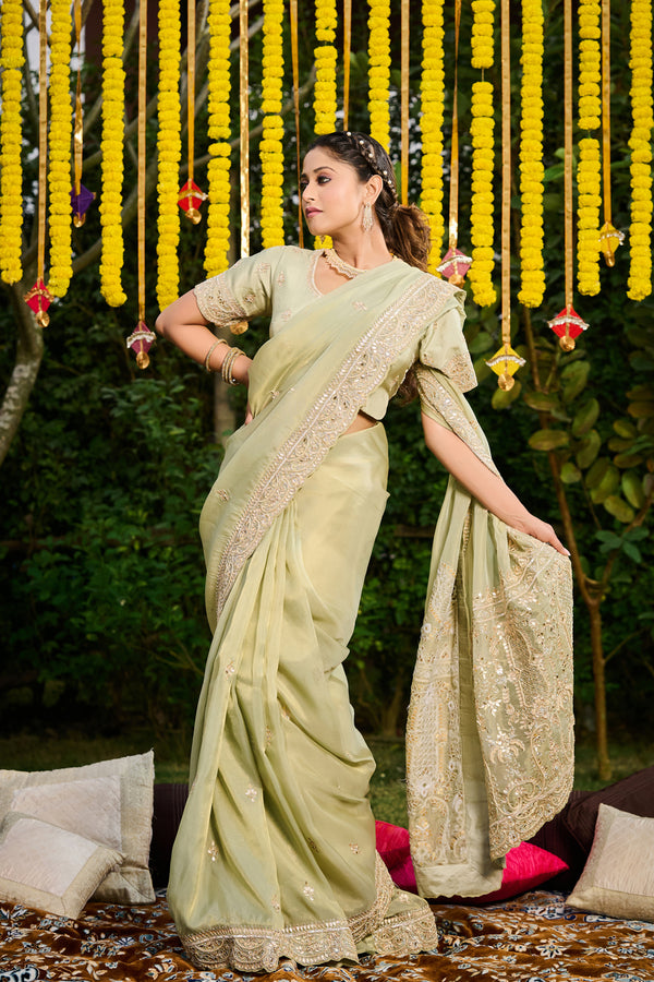 Olive Green Tissue Georgette Saree