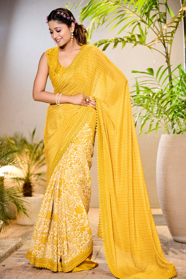 Mustard Color Flower Print Saree