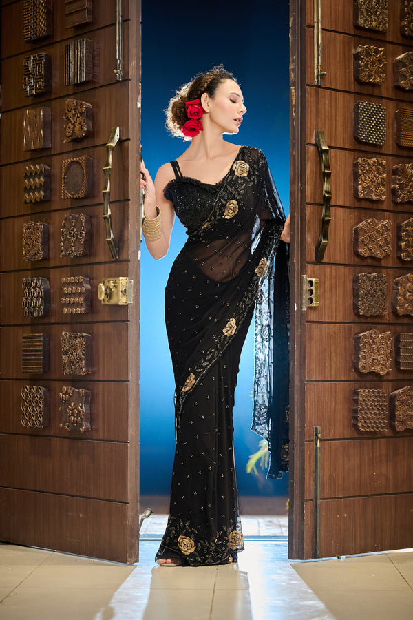 Jet Black Viscose Organza Saree