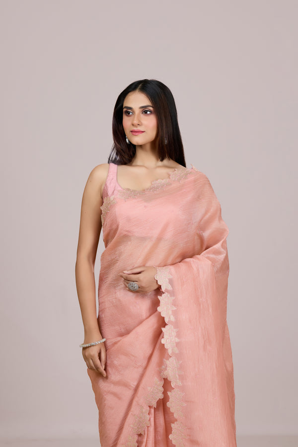 Peach Crushed Saree with Applique Border
