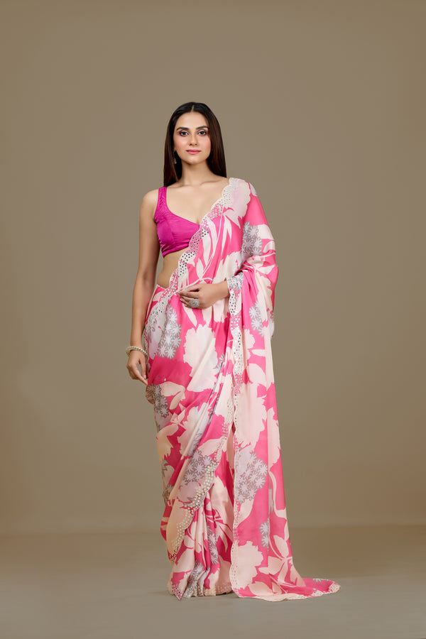 Pink Satin Georgette Saree with Mirrorwork Border