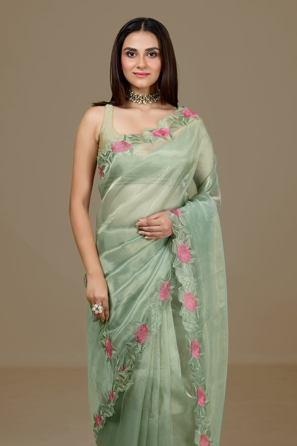 Pista Tissue Saree with Intricate Appliqué Work