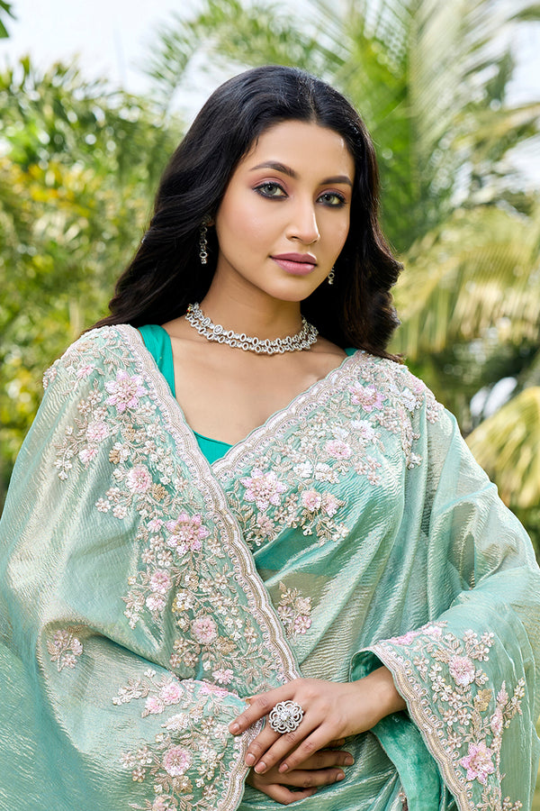 Pista Crushed Tissue Saree