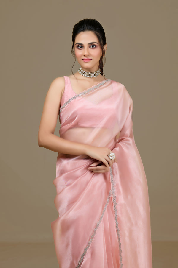 Pink Fancy Silk Saree with Stone-Embroidered Scallop Border