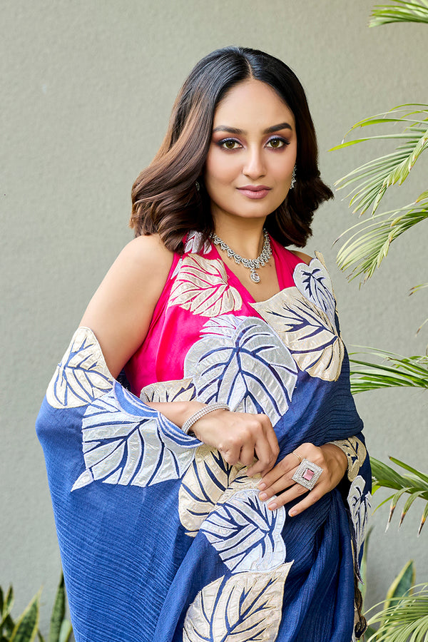 Blue Cotton Crushed Saree