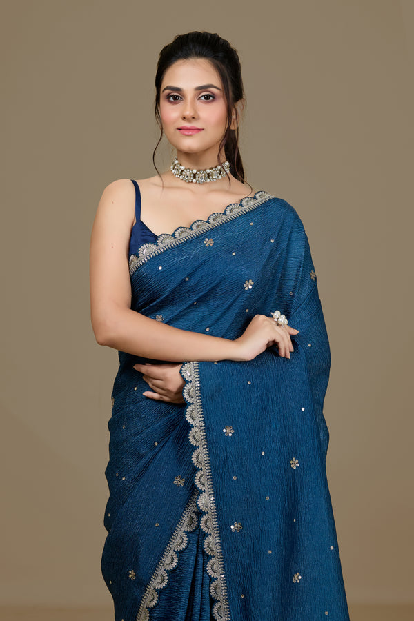 Blue Crushed Saree with Scallop Border
