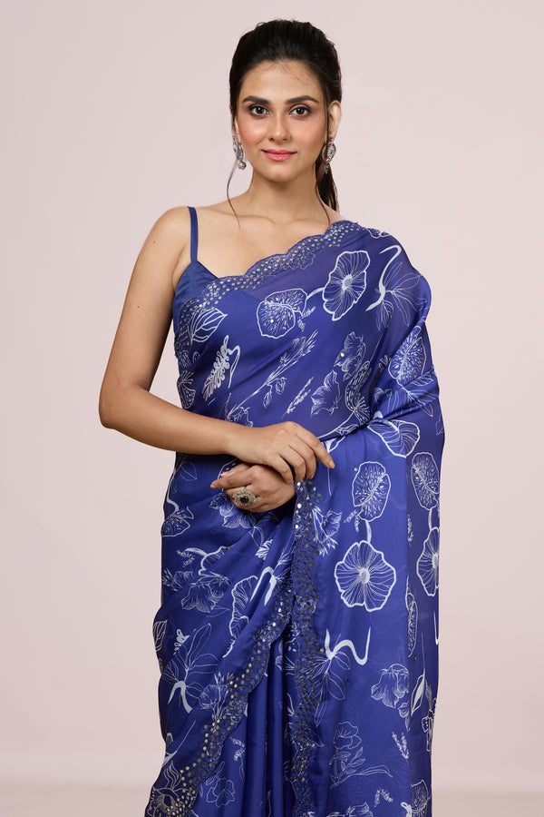 Blue Satin Georgette Saree with Mirrorwork Scallop Border