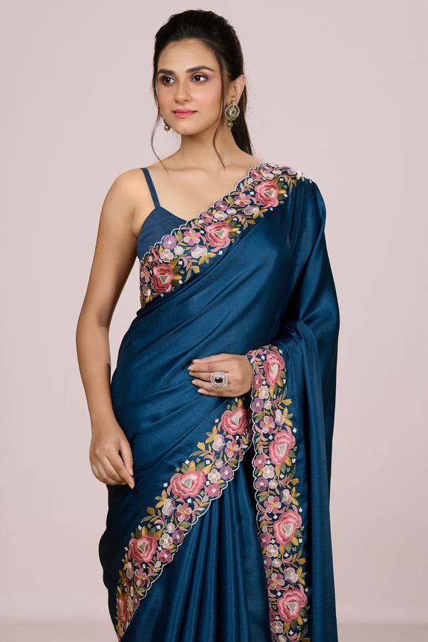 Blue Tussar Saree with Floral Embroidery