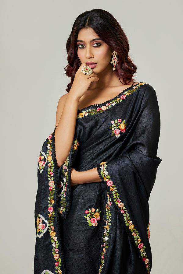 Black Tussar Saree with Clamp Dye