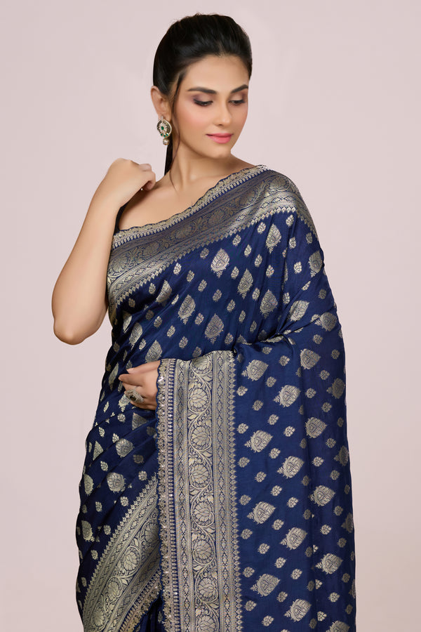 Blue Crushed Saree with Intricate Handwork