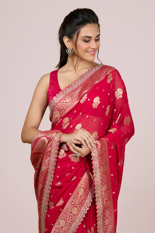 Red Woven Georgette Khaddi Saree