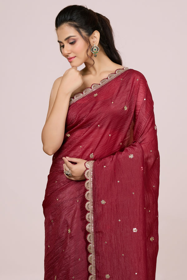 Red Crushed Saree with Scallop Border
