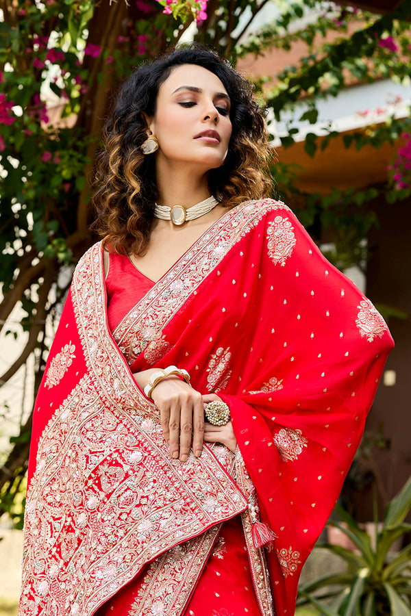 Red Viscose Organza Khaddi Saree
