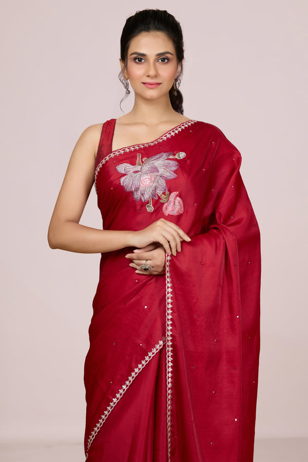 Red Tussar Saree with Mirrors & Scallops
