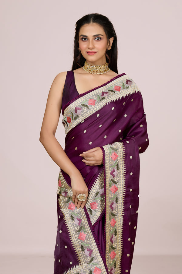 Purple Tussar Saree with Polka Dots & Floral Border