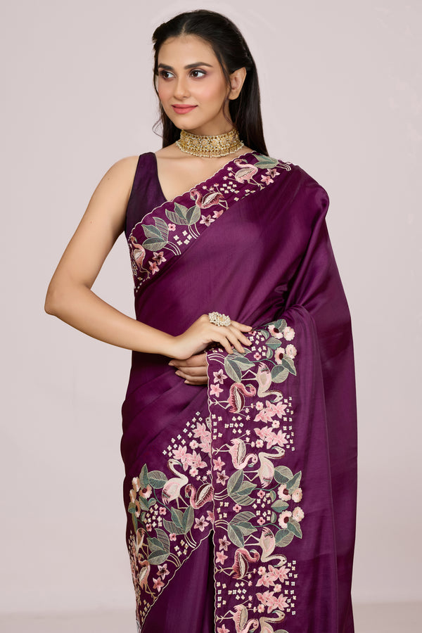 Purple Tussar Saree with Detailed Border Embroidery