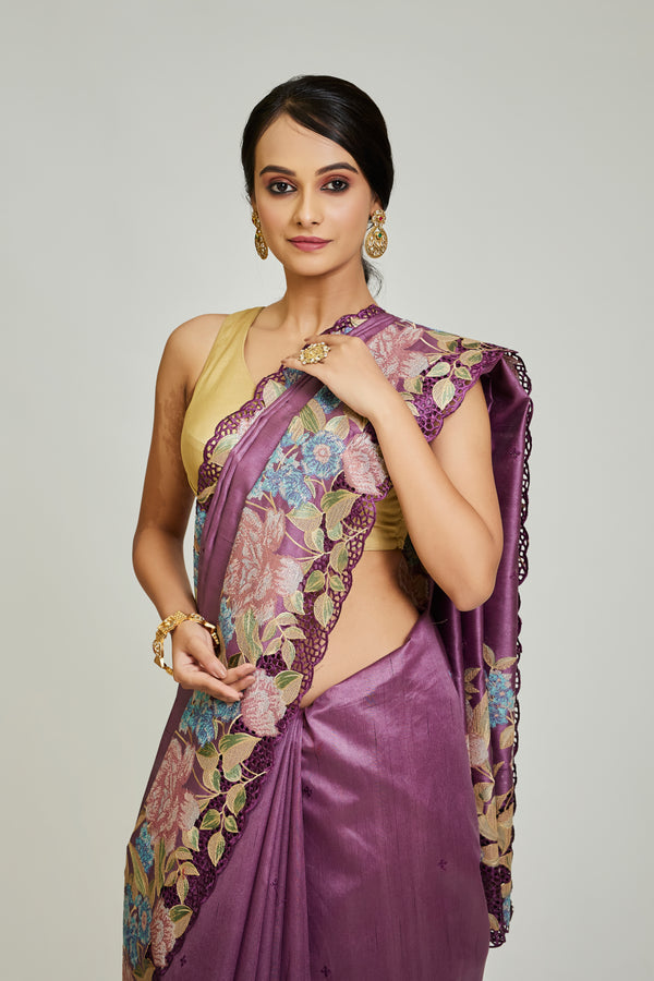 Mauve Cutwork Tussar Saree