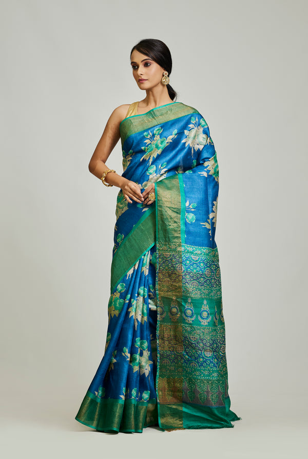 Cobalt Blue Tussar Saree
