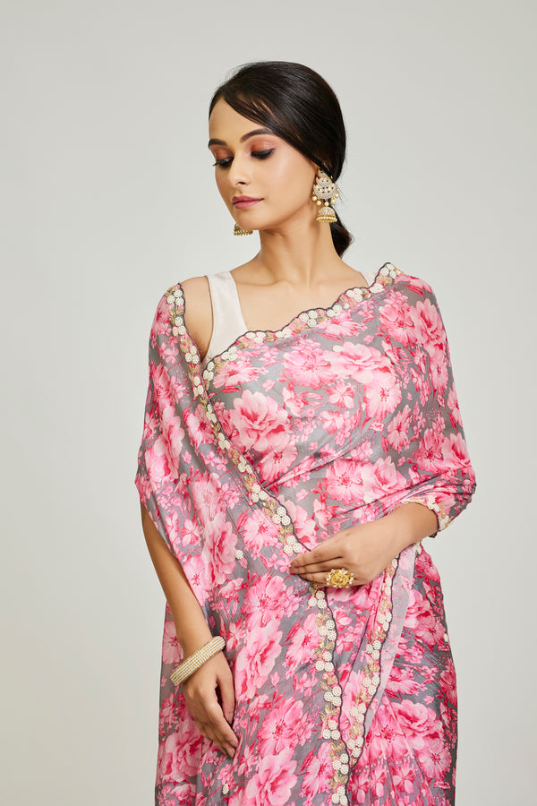 Grey & Pink Chinnon Saree