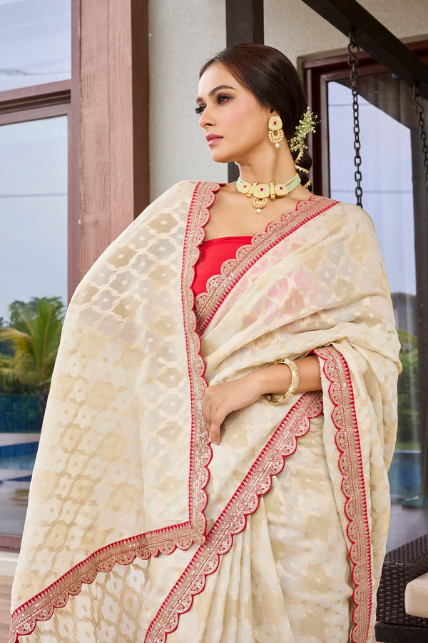 Beige Tissue Jacquard Saree