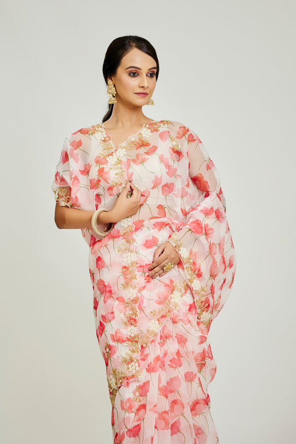 Flower Printed White   Organza Saree