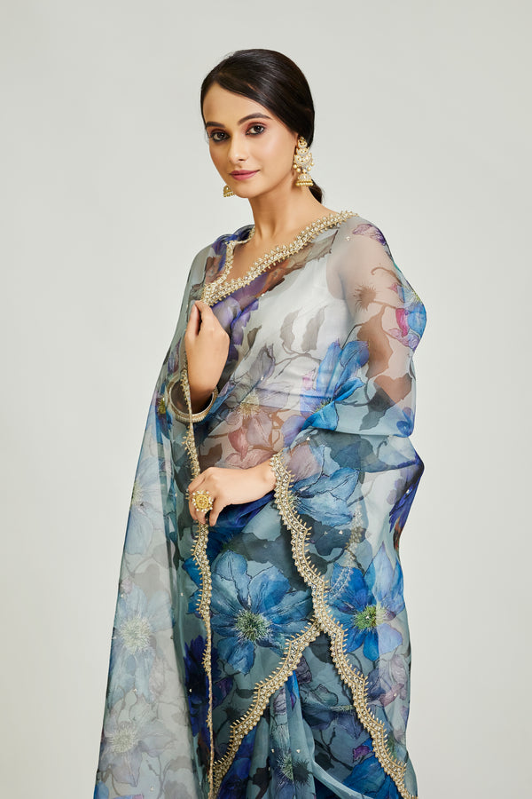 Blue Big Flower Print  Saree