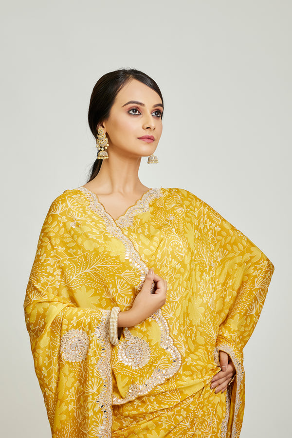 Yellow Chinon Saree