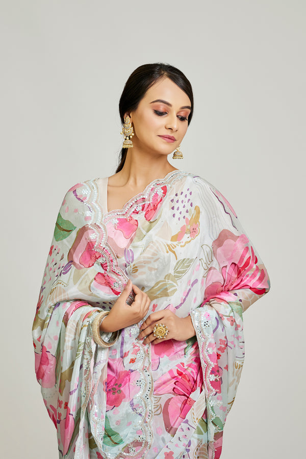 Multicolor Chinon Chiffon Saree