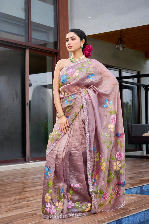 Greyish Mauve  Crushed Tissue Handprint Saree