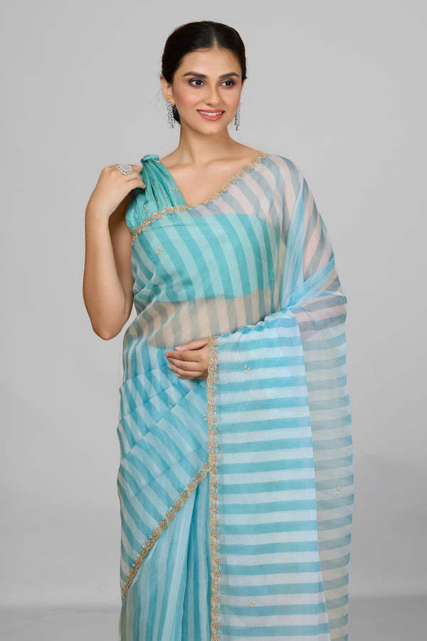 Organza Striped Saree with Hand Embroidery