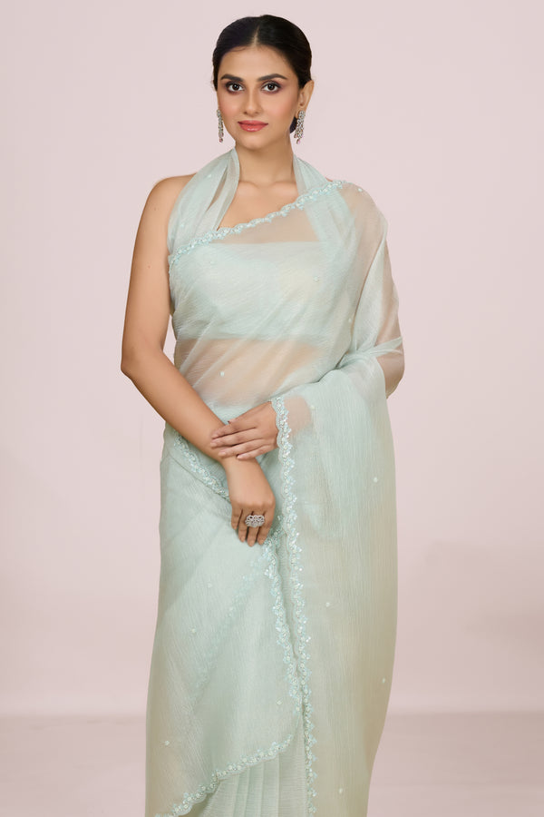 Powder Blue Crushed Saree with Scallop Border