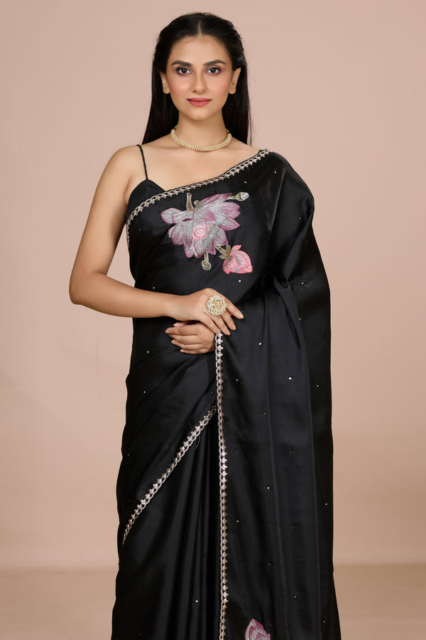 Blue Tussar Saree with Mirrors & Scallops