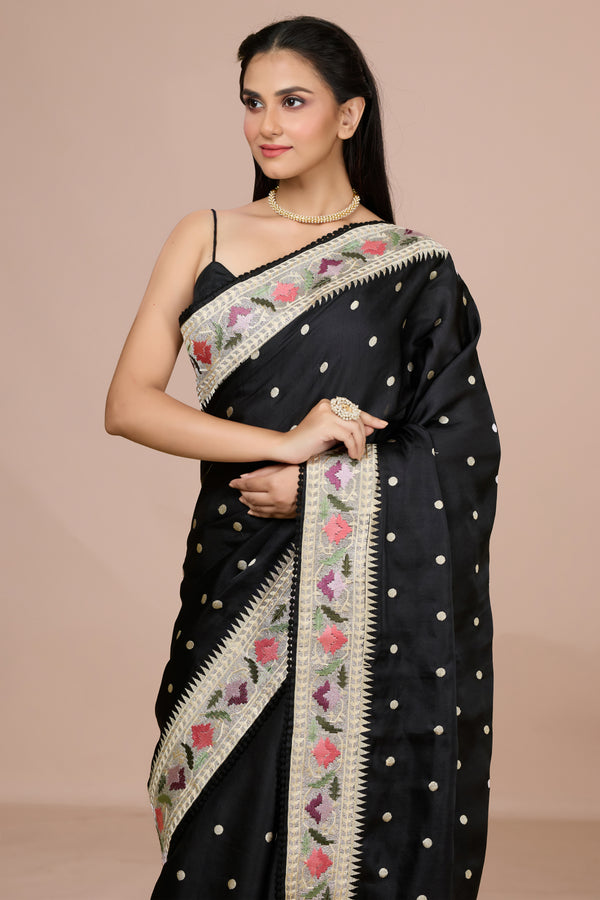 Black Tussar Saree with Polka Dots & Floral Border