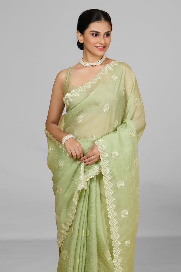 Pista Embroidered Crushed Saree with Scalloped Leaf Border
