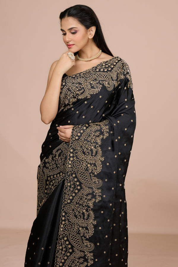 Black Tussar Silk Saree with Embroidered Floral & Scallop Border