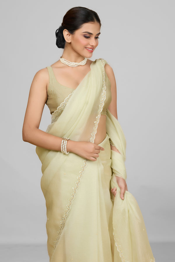 Beige  Crushed Saree with Scallop Border