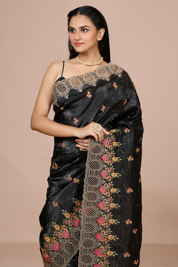 Black Crushed Saree with Floral Embroidery & Cutwork Border