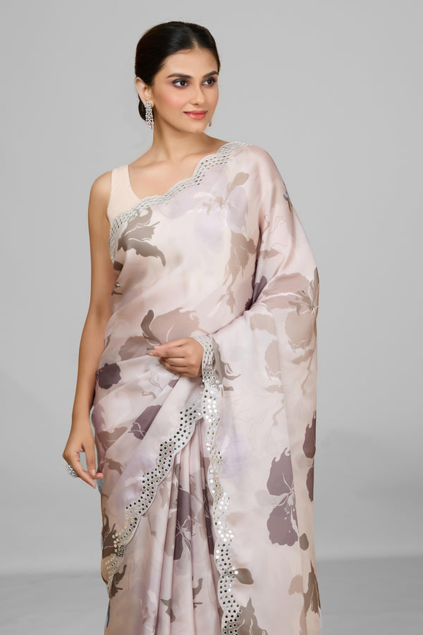 Beige Satin Georgette Saree with Mirrorwork Border