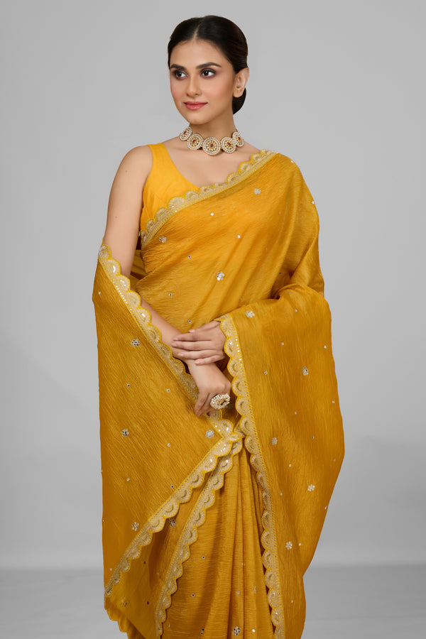 Yellow Crushed Saree with Scallop Border